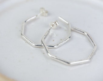 Handmade Sterling Silver Octagon Everyday Hoop Earrings