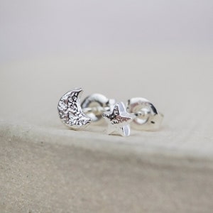Handmade Sterling Silver Moon and Star Mini Mismatch Stud Earrings, Unisex Jewellery