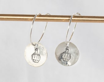 Large Sterling Silver Middle Finger Stamped Charm Hoop Earrings