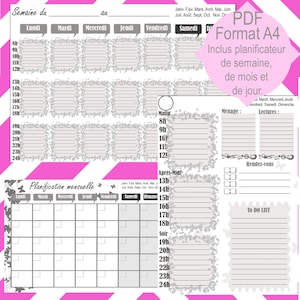 Peut inclure: Un modèle de planificateur imprimable au format PDF pour papier A4. Le planificateur comprend un horaire hebdomadaire, mensuel et quotidien. Le modèle est décoré d'un motif floral gris et blanc.