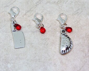 Demon Barber set stitch marker/progress keeper/clip on charm/bag charm/zipper/planner charm Sweeney Todd Mrs Lovett Meat Pies