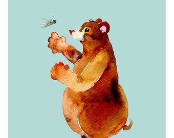 Children's Art - Bear and Dragonfly - A4 11.7x8.3in -  Nursery Art Print