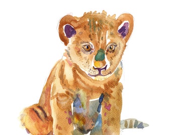 Löwenjunges - Aquarell - Tiermalerei - Tier Art Print - Kinderzimmer Kunst