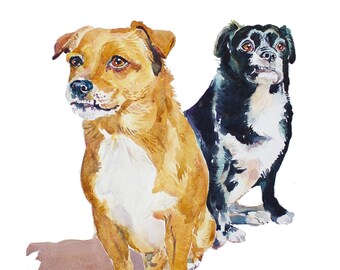 Huisdier Portret - Double Pet Portret - Originele schilderij - Aquarel Schilderen - Kunst - Honden