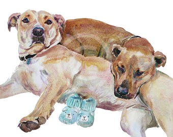 Aangepaste huisdierportret - dubbel huisdierportret - origineel schilderij - 13 x 19 inch - aquarelverf - kunst - honden
