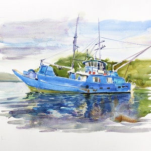 May include: A watercolour painting of a blue fishing boat moored in a harbour. The boat has a white cabin and a green background.