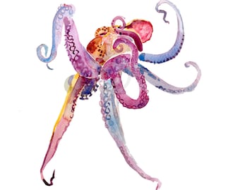 Children's Art - Animal Painting - 8x10inches - Watercolor Painting - Nursery -  Art Print - Octopus