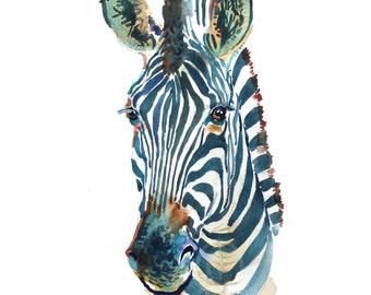 Zebra 2  -  Watercolor Animal  - size 11 x 14 in  - Watercolor  Painting - Animal Art Print