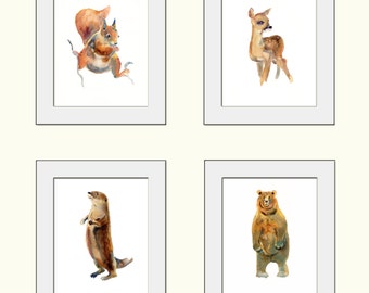 Woodland Collection 1-Childrens Art - Animal Paintings  - 4 x 8x10inch prints - Watercolor  Paintings - Nursery Art Prints