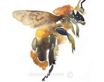 Bee, Childrens Art - Animal Painting - Size 8x10 inches  - Watercolor Painting - Art Print -  Buzzy Bee