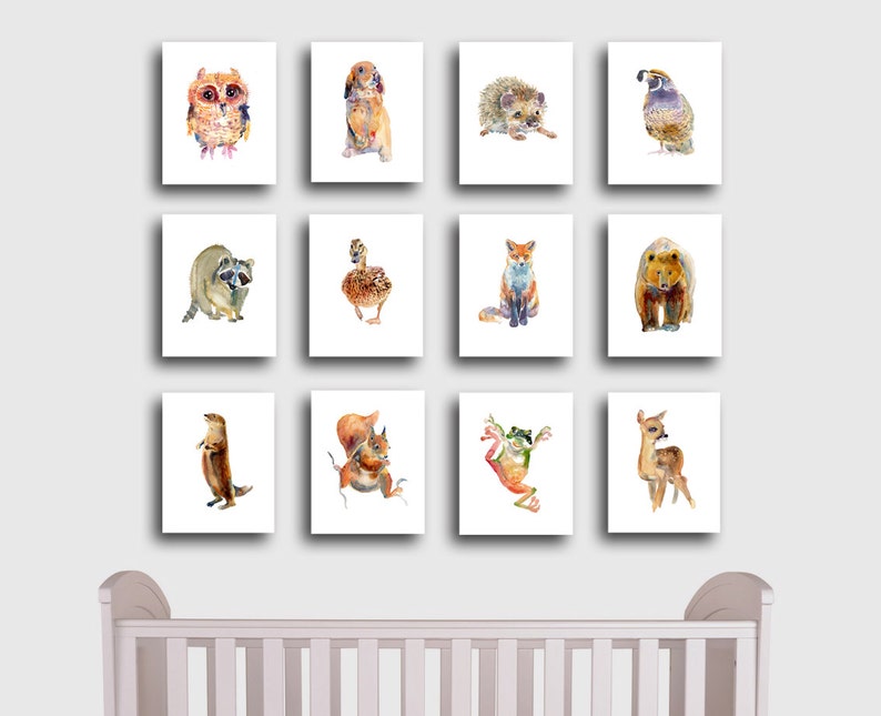 Woodland Animal Watercolor Painting, Set of 12 Animals,Art Prints,Nursery Room Decor image 2