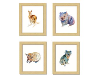 Animales australianos, canguro, wombat, Echidna, Koala, pinturas de acuarela, grabados de arte de vivero