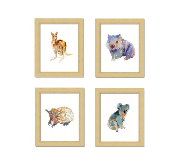 Australian Animals, Kangaroo, Wombat, Echidna, Koala,Watercolor  Paintings, Nursery Art Prints