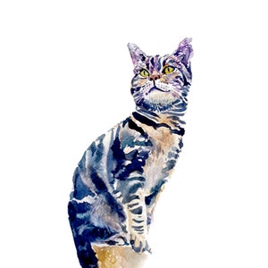May include: Watercolor painting of a tabby cat sitting and looking up. The cat is painted in shades of blue, purple, and brown.