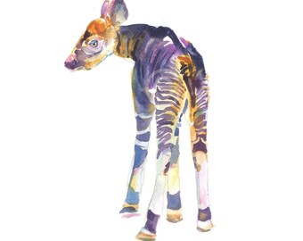 Kinderkunst - aquarelverf - dierenschilderij - kinderkunstprint - okapi baby