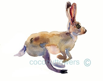 Children's Art -  Watercolor  - Hare - Size 8x10  -  Nursery Art Print