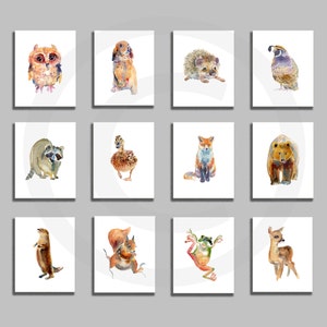 Woodland Animal Watercolor Painting, Set of 12 Animals,Art Prints,Nursery Room Decor image 1