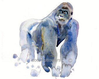 Gorilla - dierenschilderij - formaat 8 x 10 in - originele aquarelkunst - kunstafdruk