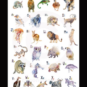 Alphabet  Animal Poster - - Animal Paintings  - Watercolor  Paintings - Nursery Art Print