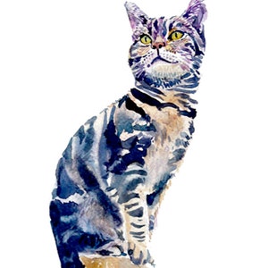 May include: Watercolor painting of a tabby cat with purple and blue stripes. The cat is sitting with its head tilted up and looking to the side. The background is white.