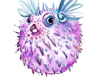 Childrens Art - Size8x10in  - Watercolor Painting - Animal Art Print -  Pufferfish