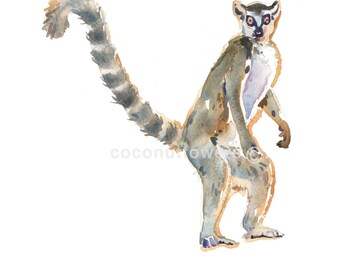Lemur, Animal Art - Size 8x10in - Watercolor Painting - Nursery Art Print