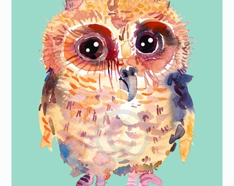 Baby Owl 4 Art Print  - Size 8x10in  - Animal Watercolor  painting -  Nursery Art