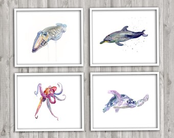 Sea Animals Print Set, Aquarel Schilderij, octopus, inktvis, zeeschildpad, dolfijn, kunst prints