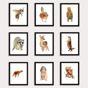 森の動物 - 6 枚購入で 3 枚無料 - 動物の絵画 - 8x10 インチ - 水彩画 - 子供部屋アートプリント