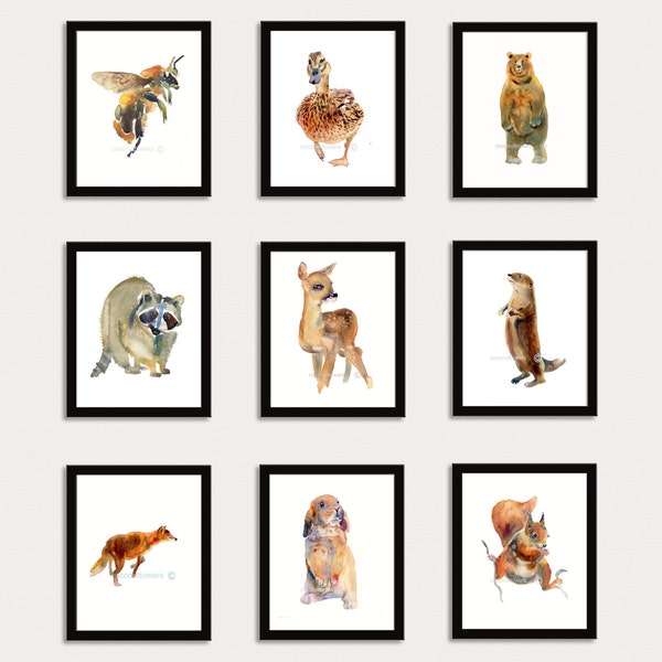 Woodland Animals - Buy 6 and Get  3 Free - Animal Paintings  - 8x10inchs - Watercolor  Paintings - Nursery Art Prints