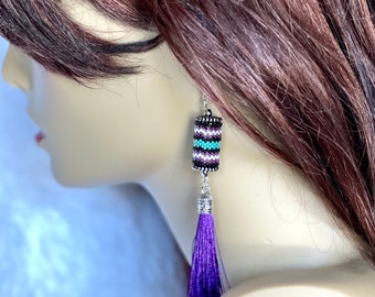 Beaded Dangle Earrings With Tassel, Tribal, Dangle Earrings, Fringe Earrings, Peyote Beaded Earrings, Womens Earrings, Gifts, Tassels,