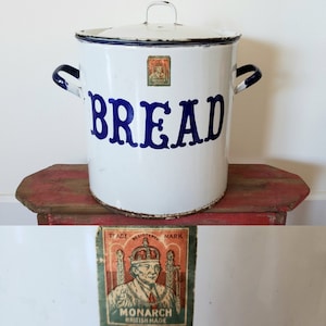 Vintage Enamel Bread Box Bin Canister - White Blue Large Round Kitchen Storage - Primitive Rustic Farmhouse Made in UK England British