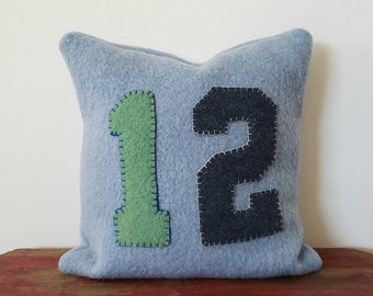 14" x 14" Wool Seattle Twelfth Man Throw Pillow Cover Cushion Blue Green Color Emerald City Pacific Northwest PNW Thick Woolen Home Decor