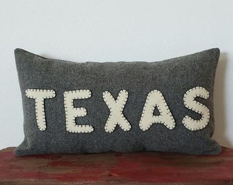 10" x 18" Wool Texas Throw Pillow Case Cover Long Cushion Gray Grey Cream Color TX Lone Star State USA Thick Woolen Home Decor Inches