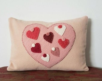 12" x 17" Wool Throw Pillow Case Cover Cushion Pink Mini Hearts Light Dark Cream Colors Valentine Love Classic Cabin Thick Woolen Home Decor