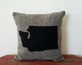 14" x 14" Wool Washington State WA Throw Pillow Cover Cushion Gray Black Color Emerald City Pacific Northwest PNW Thick Woolen Home Decor