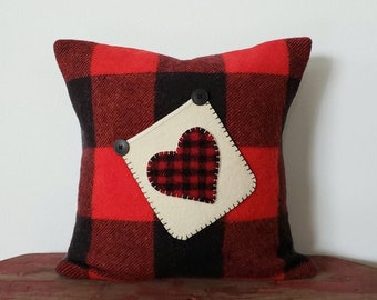 15" x 15" Wool Throw Pillow Cover Cushion Red Black Buffalo Plaid Cream Pocket Heart Valentine Love Classic Cabin Thick Woolen Home Decor