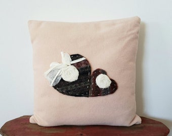16" x 16" Wool Throw Pillow Cover Cushion Light Pink Dark Hearts White Rosette Color Valentine Love Classic Cabin Thick Woolen Home Decor