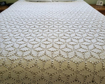 Vintage Crocheted Bedspread Coverlet Throw Blanket or Tablecloth Star Popcorn Crochet 77" x 86" Inches Long Heavy Cottage Chic Farmhouse