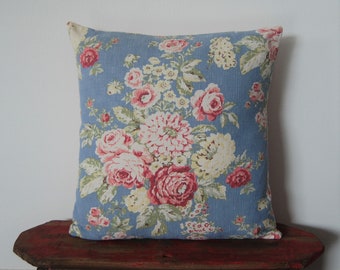 18" x 18" Barkcloth Pillow Vintage Retro 1960s Floral Roses Blue Pink Green Flower White Throw Cushion Linen Handmade Upcycled Curtain Panel