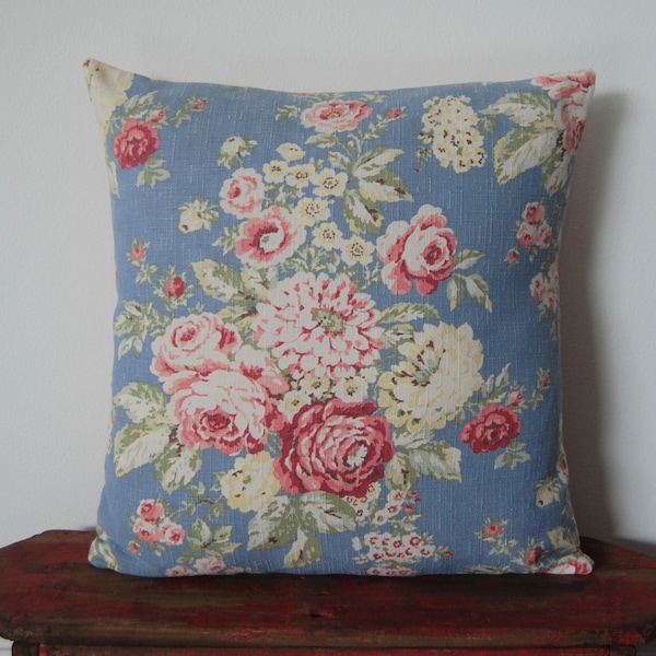 18" x 18" Barkcloth Pillow Vintage Retro 1960s Floral Roses Blue Pink Green Flower White Throw Cushion Linen Handmade Upcycled Curtain Panel