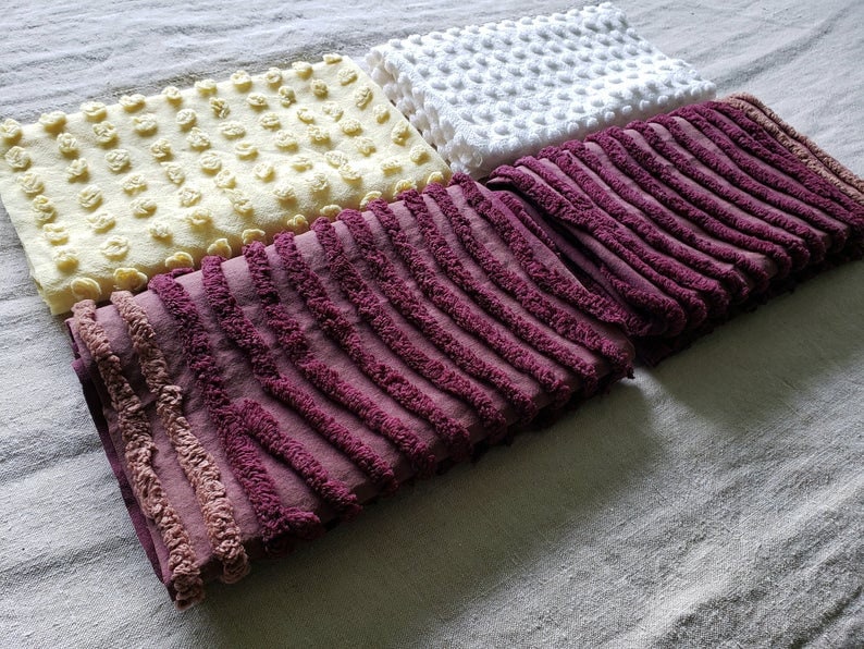 Vintage Chenille Fabric Fat Quarters 18 x 22 Inches Set of 4 Craft Pieces Bedspread Cutters Assorted Colors White Yellow Dark Burgundy LOT 8