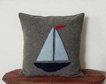 16" x 16" Wool Pillow Cover Throw Cushion Gray Grey Blue Navy Red - Sailboat Sailing Nautical Beach Ship Boat Style Thick Woolen Home Decor