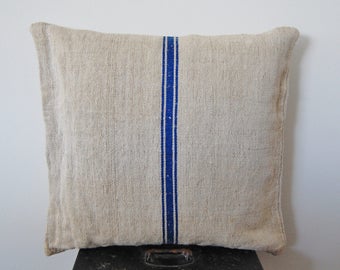 18" x 18" French Grain Sack Pillow - Vintage Fabric Blue Triple Stripe Classic Natural European Throw Cushion Thick Linen Handmade Upcycled