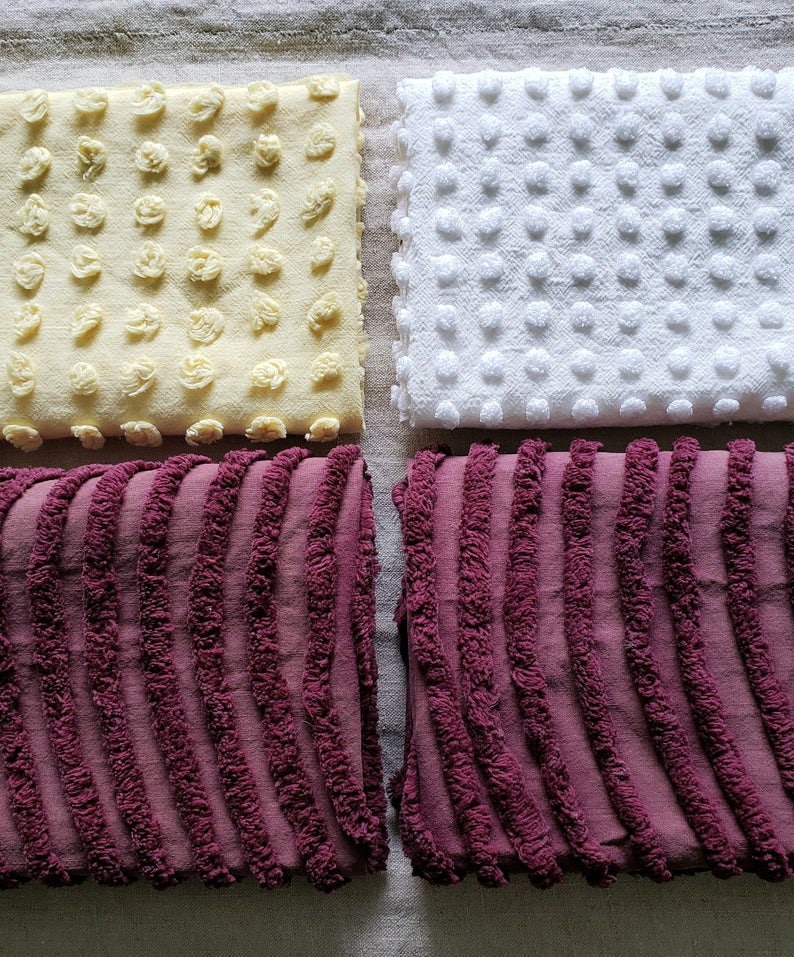 Vintage Chenille Fabric Fat Quarters 18 x 22 Inches Set of 4 Craft Pieces Bedspread Cutters Assorted Colors White Yellow Dark Burgundy LOT 8
