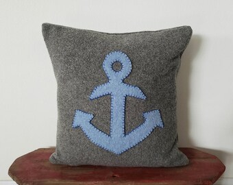 16" x 16" Wool Pillow Case Cover Throw Cushion Gray Grey Light Blue - Anchor Sailing Nautical Beach Ship Boat Style Thick Woolen Home Decor