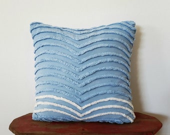 16" x 16" Chenille Throw Pillow Case Cover Cushion Light Blue White Color Thick Ribbed Curved Classic Cottage Chic Cabin Sweet Home Decor