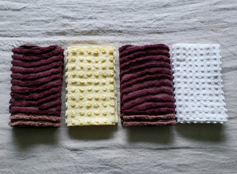 Vintage Chenille Fabric Fat Quarters 18 x 22 Inches Set of 4 Craft Pieces Bedspread Cutters Assorted Colors White Yellow Dark Burgundy LOT 8
