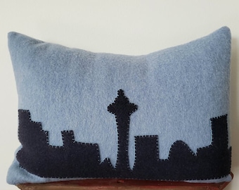 24" x 18" Wool Seattle Skyline Large Throw Pillow Cover Cushion Blue Navy Color Emerald City Pacific Northwest PNW Thick Woolen Home Decor