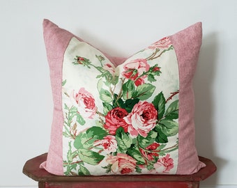 20" x 20" Barkcloth Pillow - Vintage Retro 1960s Floral Roses Pink Green White Throw Pillow Handmade Upcycled Curtain Panel